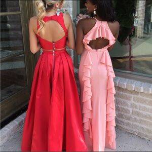 Sherri Hill Red Satin Two Piece Formal Prom Pageant Dress Front Slit Ballgown 0